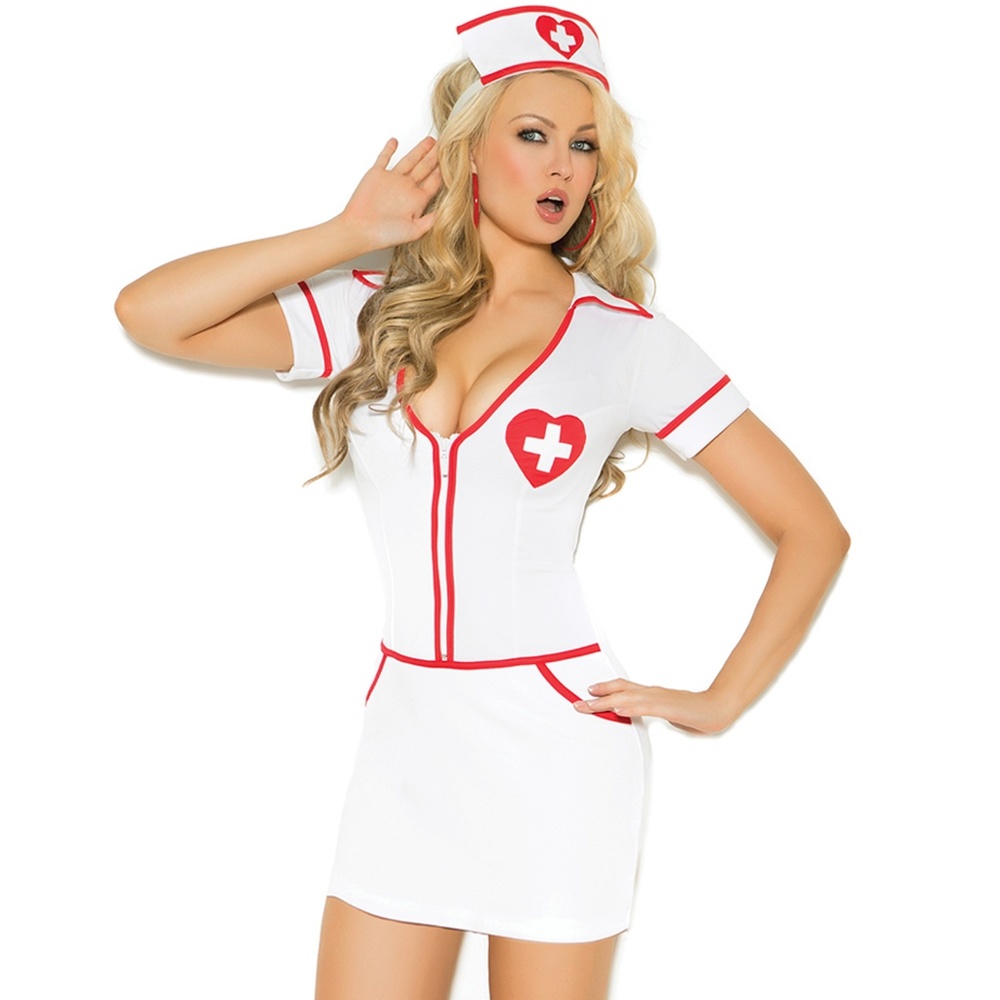 Nurse Costume Zip Mini Dress and Hat Head Piece